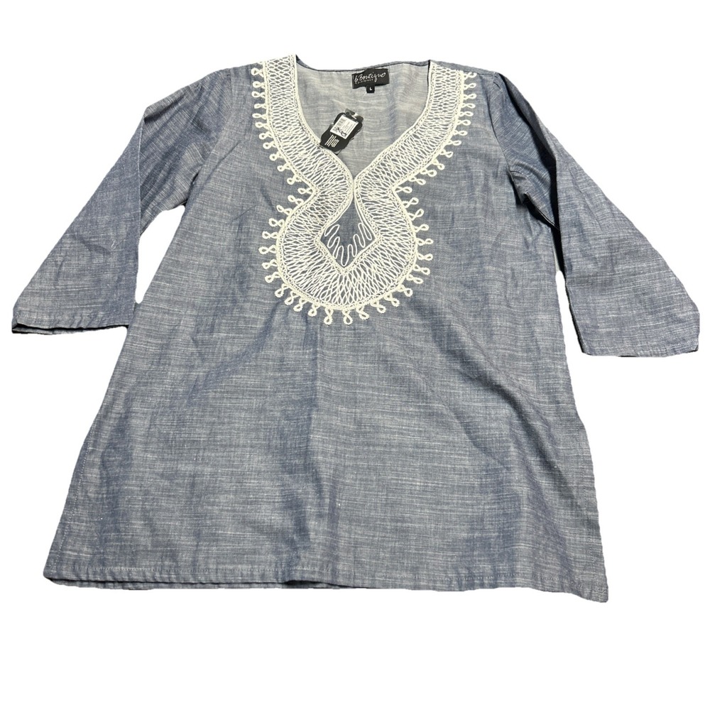 B Boutique Cotton Tunic 3/4 Sleeve Breathable Beachy Embroidered Vacation Size L